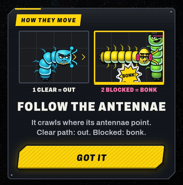 Rule card in the game: Follow the antennae. Clear path, out. Blocked, bonk.