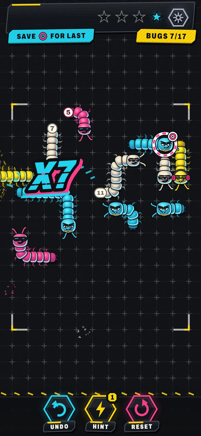 Scuttle gameplay: a dense board mid-chain with a big X7 combo tag
