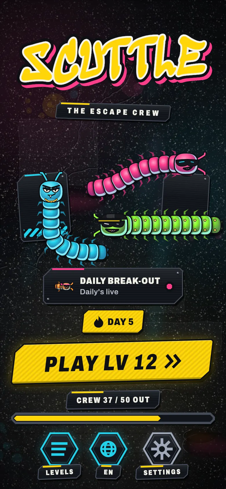 Home screen with the Daily break-out card, a day streak and the play button