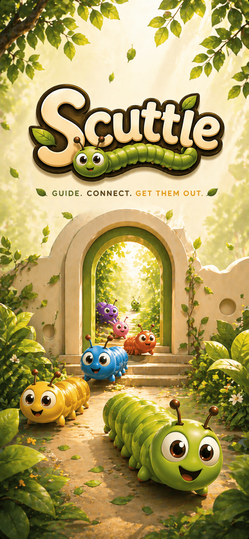Scuttle key art — a garden gateway with cheerful chilopods scuttling out into the sunlight