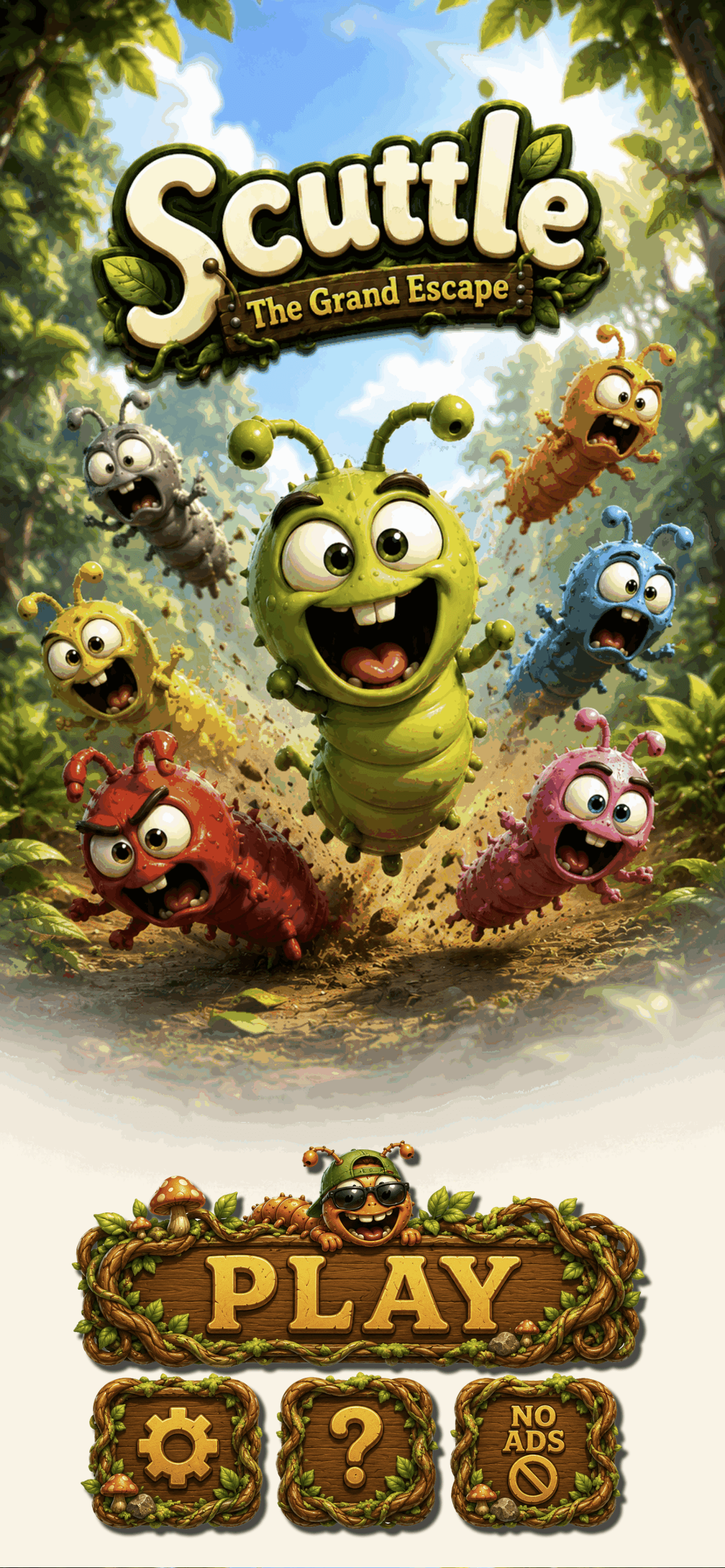 Scuttle key art — a garden gateway with cheerful chilopods scuttling out into the sunlight